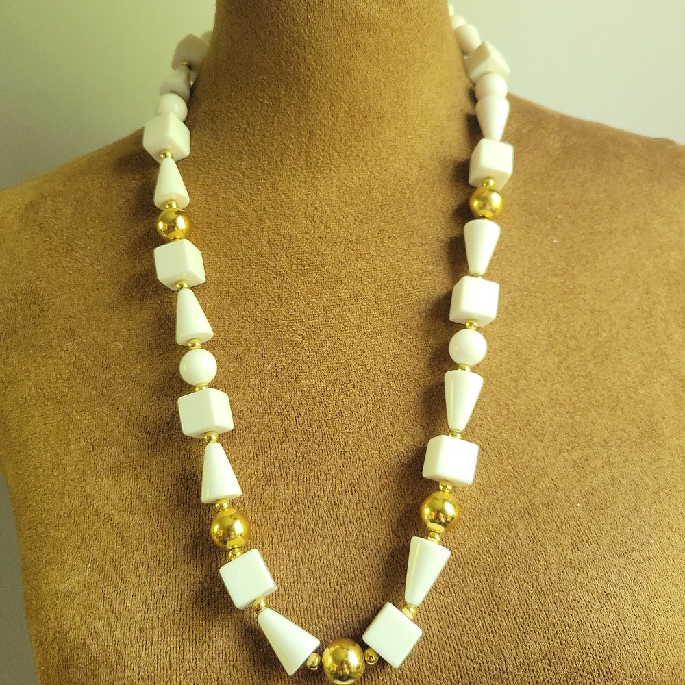 Trifari Vintage White Gold Geometric Bead Necklace 24 Inch Retro